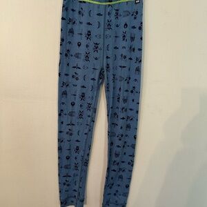 Helly Hansen Blue Printed Base Layer Leggings with Neon Waist Trim. Sz 139/9
